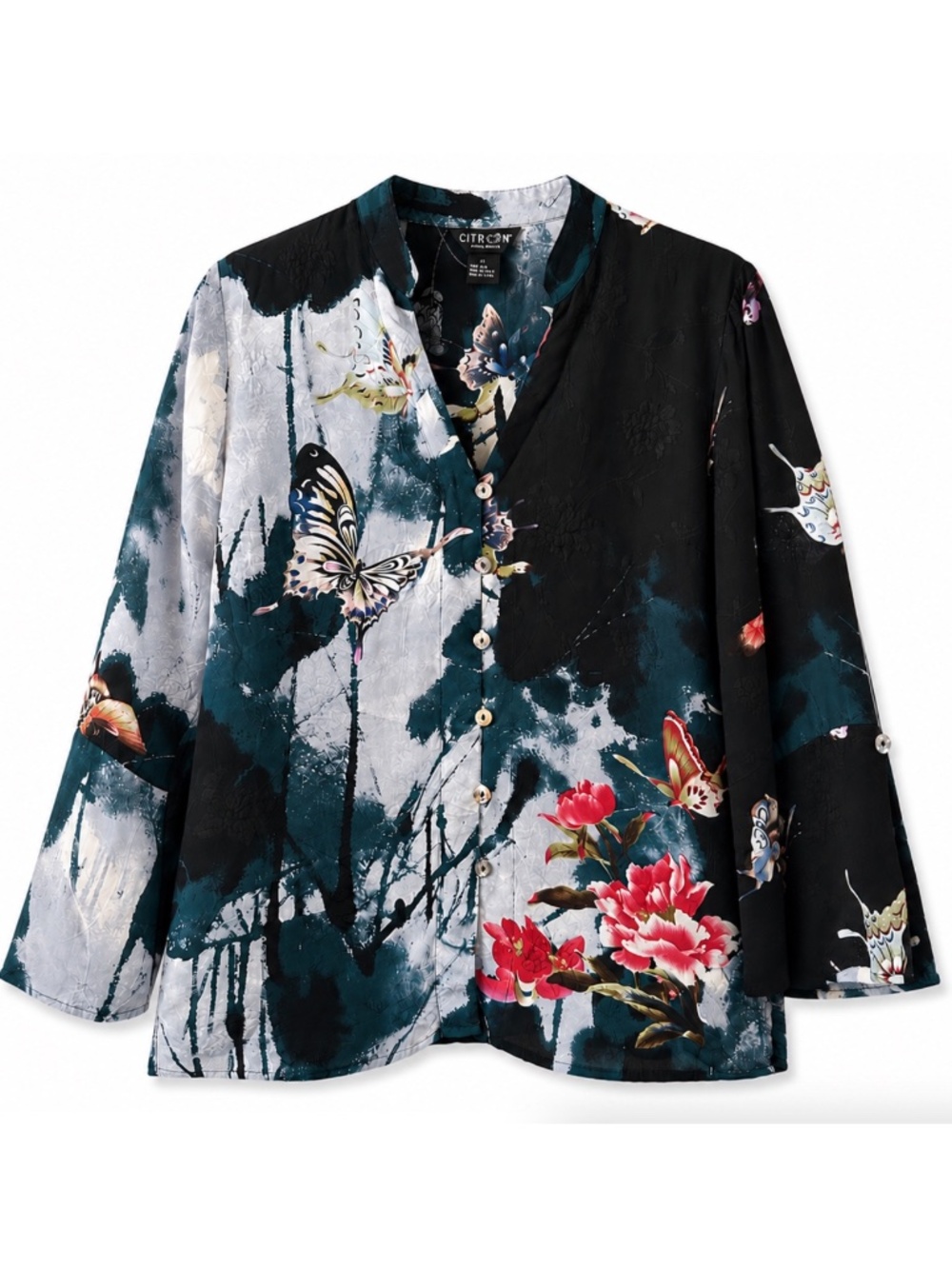 Citron Santa Monica Silk Butterfly Peony Mandarin Blouse Top Women's Size XS